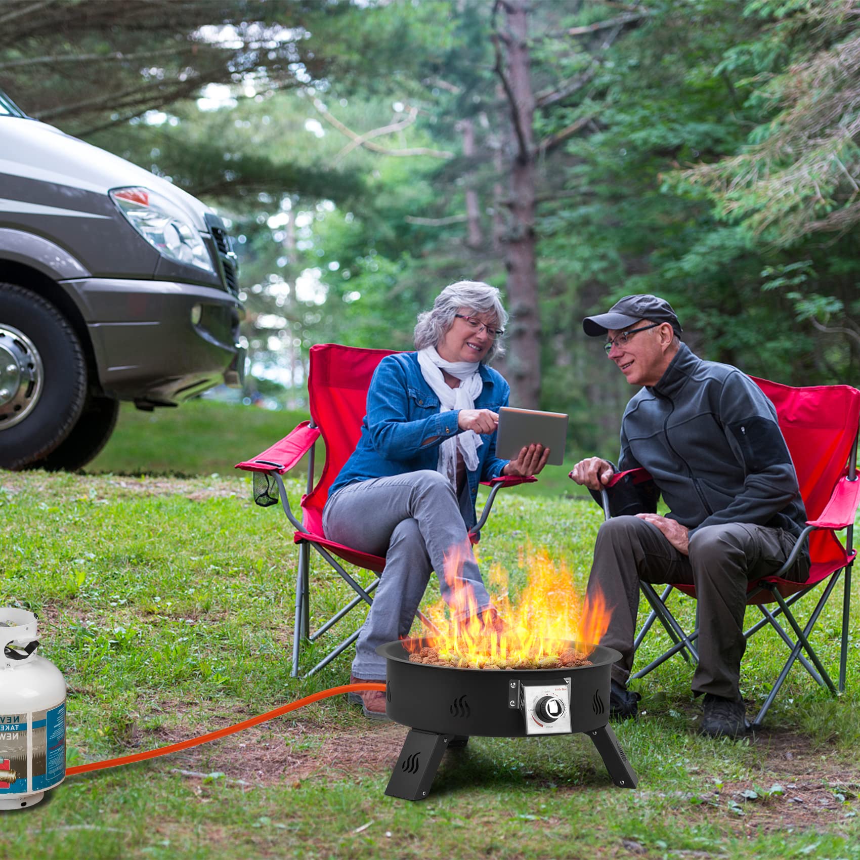 Onlyfire Tragbare Gas-Feuerstelle mit 4kg Lavastein, Ø 49 cm Outdoor Feuerstelle Gas mit höhenverstellbarem Fuß, Feuerschalen für Camping Lagerfeuer Picknick Hinterhof