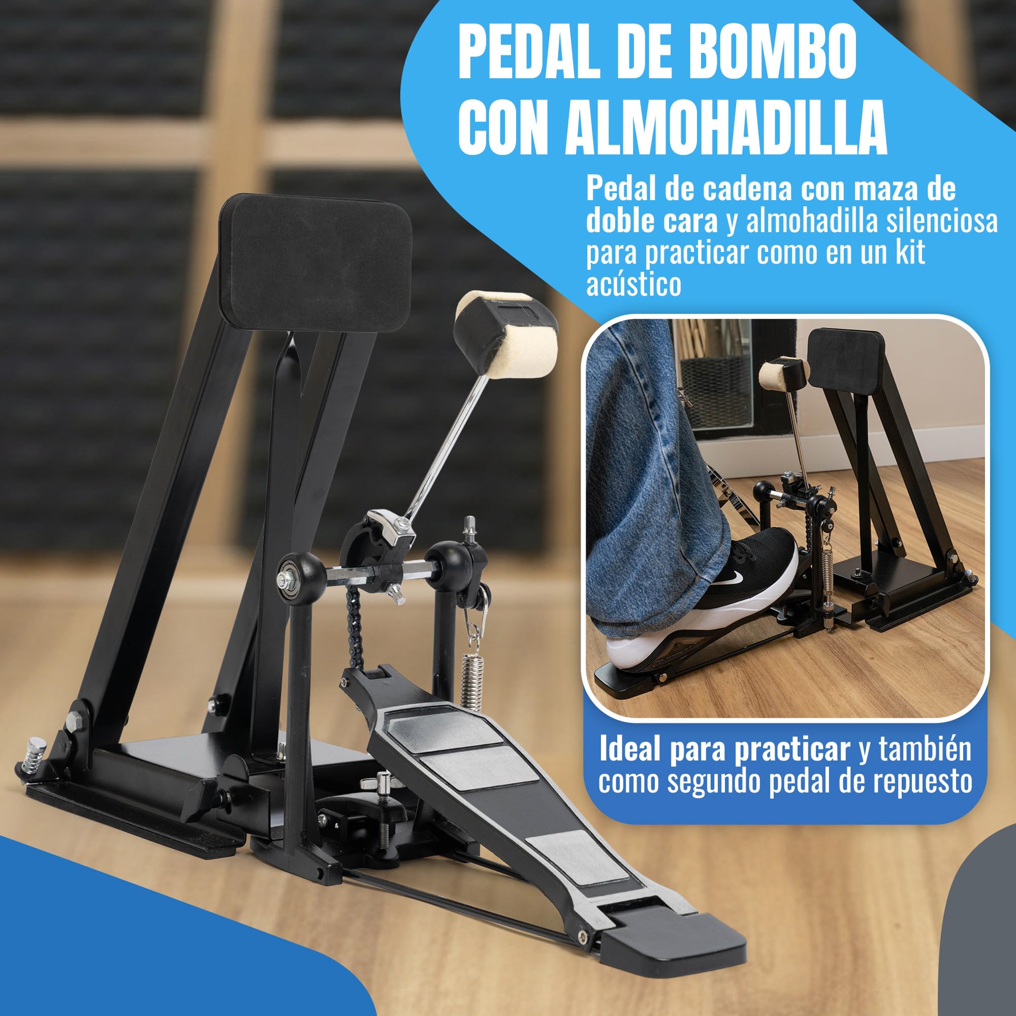 Pack Práctica Batería Silenciosa Completo – Drum Pad Alta Densidad + Soporte Ajustable + Pedal Bombo con Cadena + Pad Silenciador + Baquetas 5A | Entrenamiento en Casa