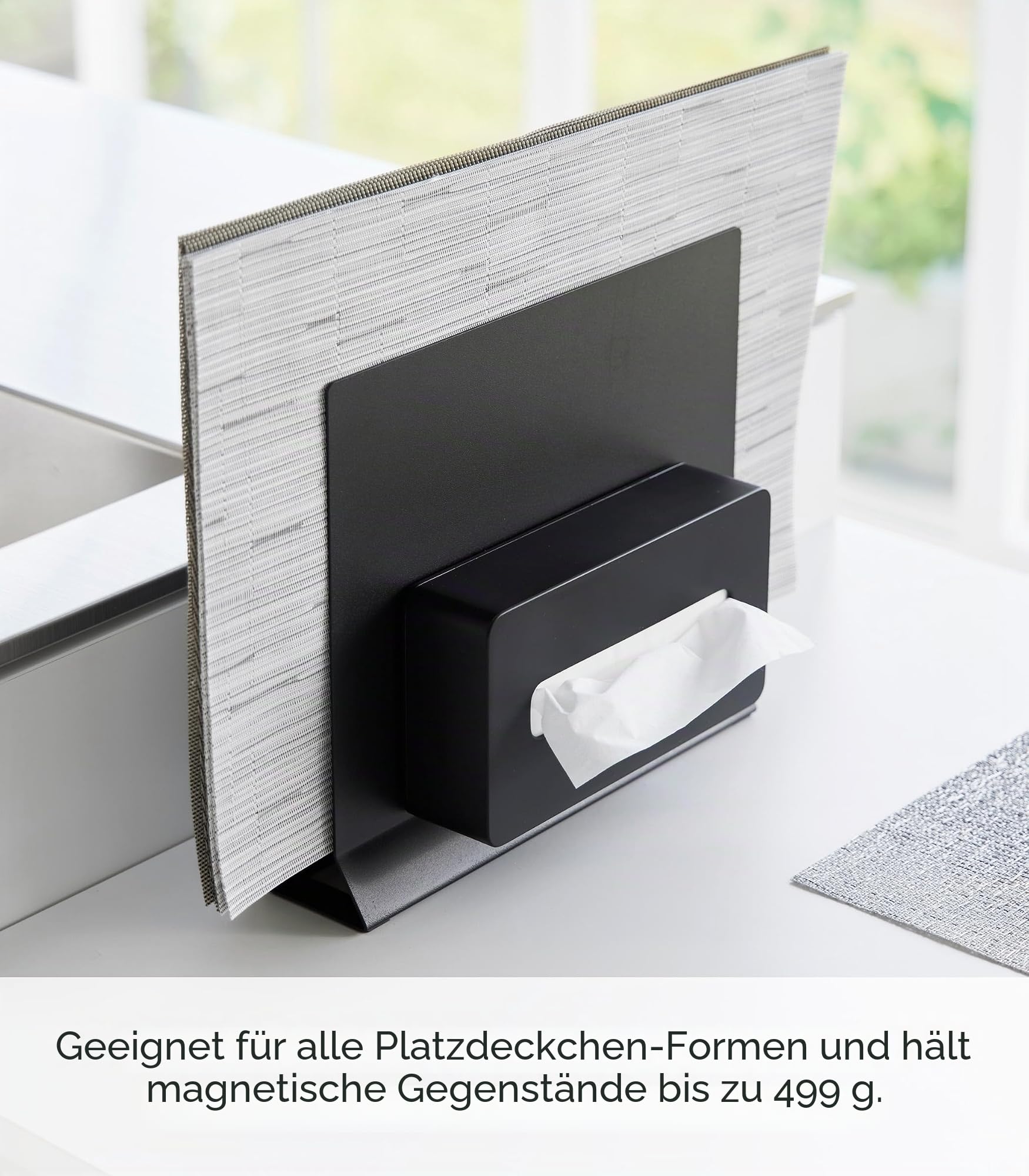 YAMAZAKI 2000 Tischset Ständer, Schwarz, ca.B11,8 x T2,6 x H10,4 cm (30 x 6,5 x 26,5 cm), Turm Platzset Aufbewahrung, Tablett Aufbewahrung, Rund kompatibel Küche, Haushalt & Wohnen