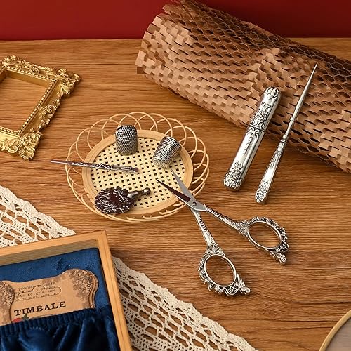 Miniatura 7 de Kit de tijeras de bordado vintage, regalo de Navidad para profesionales de costura, kit de costura antiguo europeo, herramientas de costura