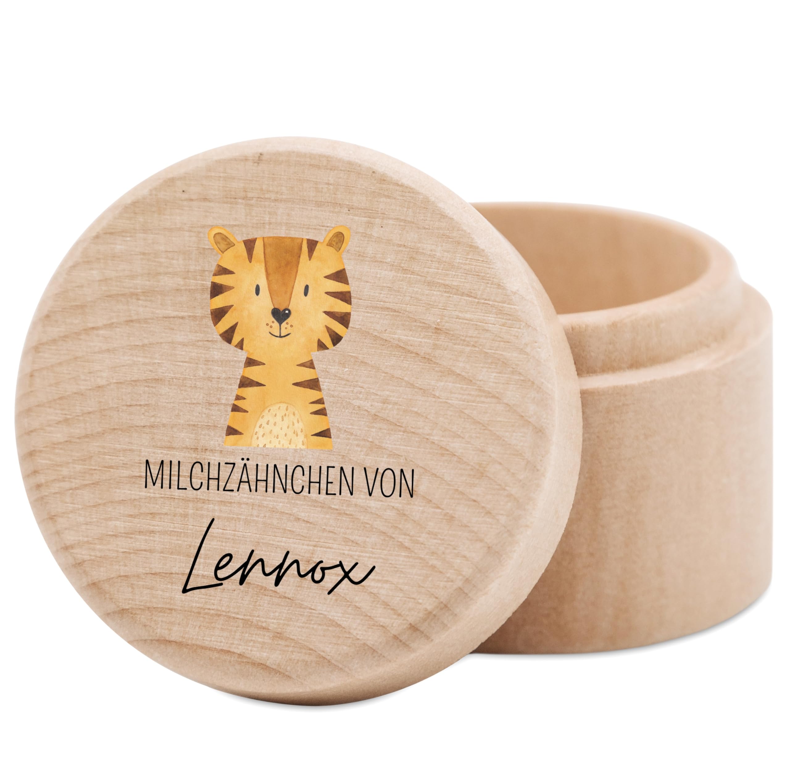 wunderwunsch® - Milchzahndose personalisiert aus Holz mit kinderfreundlichem UV-Druck - Zahndose Milchzähne als Erinnerung an die ersten Zähnchen (Tiger)