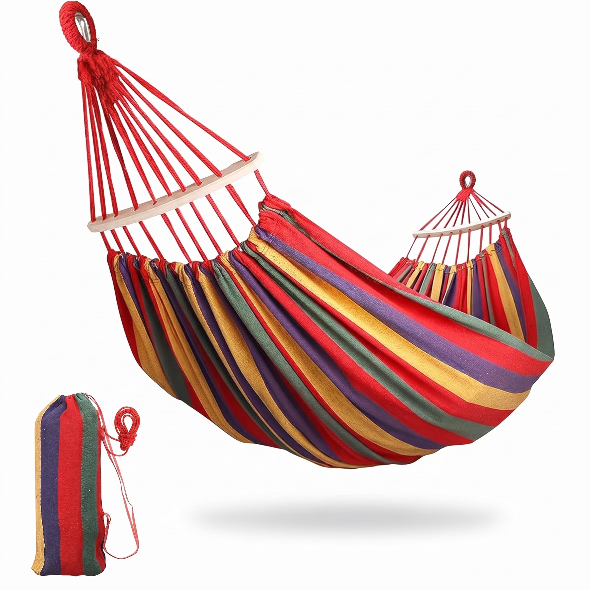 Baskety Double 2 Person Cotton Fabric Canvas Travel Hammocks 450 Lbs Ultralight Camping Hammock Portable Beach Swing Bed with Hardwood Spreader Bar Tree Hanging, 280 x 100 cm, Red-image-10