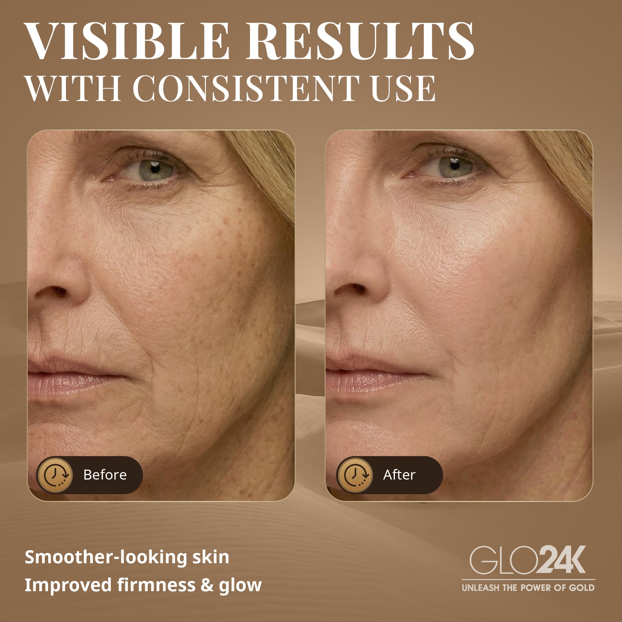 Dispositivo de belleza GLO24K para la cara. Basado en tecnologías de triple acción L E D, térmica y vibración.