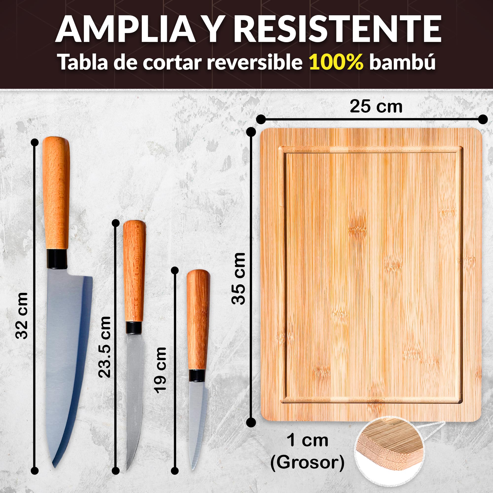 Tabla Cortar Cocina Madera con Set de 3 Cuchillos Profesional. Juego de Utensilios de Cocina Incluye Tabla de Cortar Cocina Madera de Bambú de 35x25x1cm y Cuchillos Ideal para Picar y Cortar Alimentos