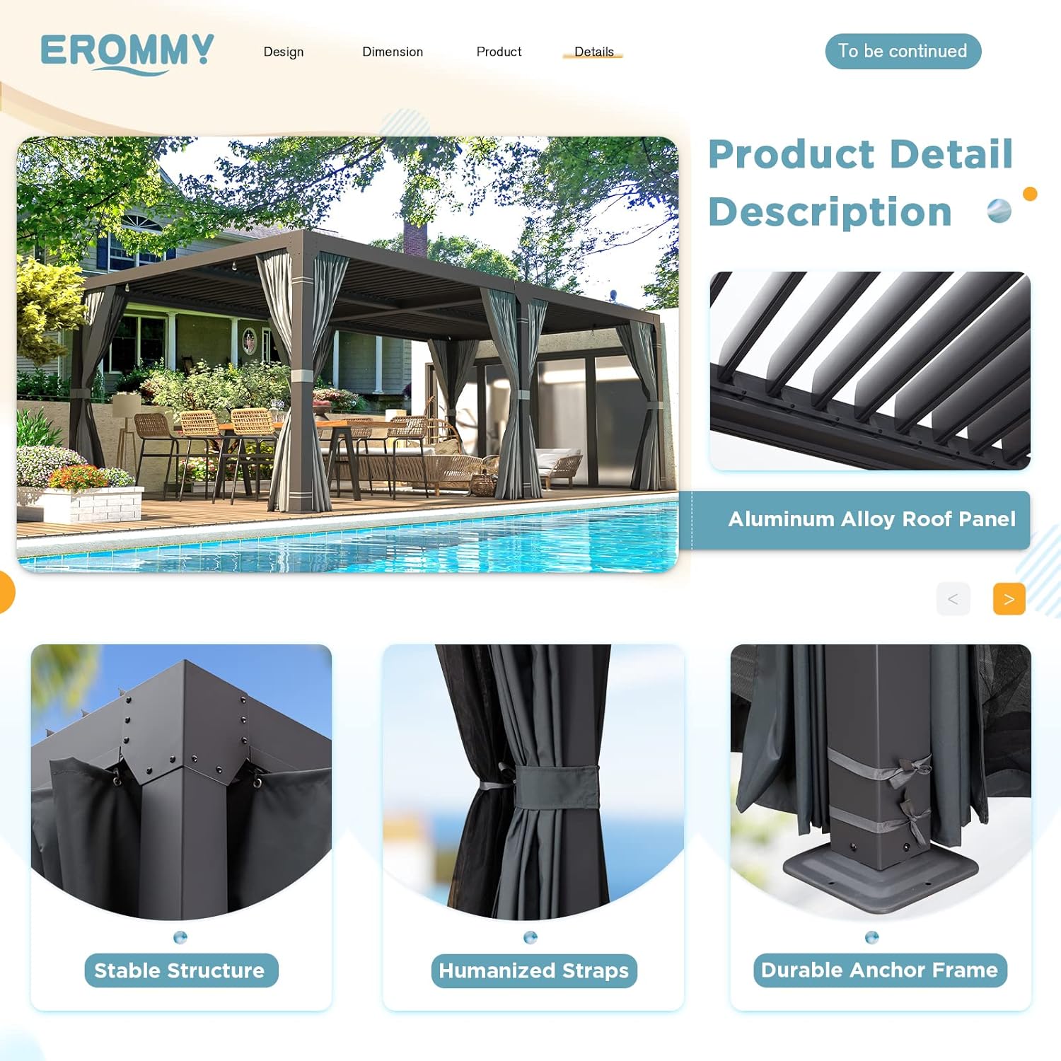 Close-up of pergola components including aluminum alloy roof panel, stable structure, humanized straps, and durable anchor frame