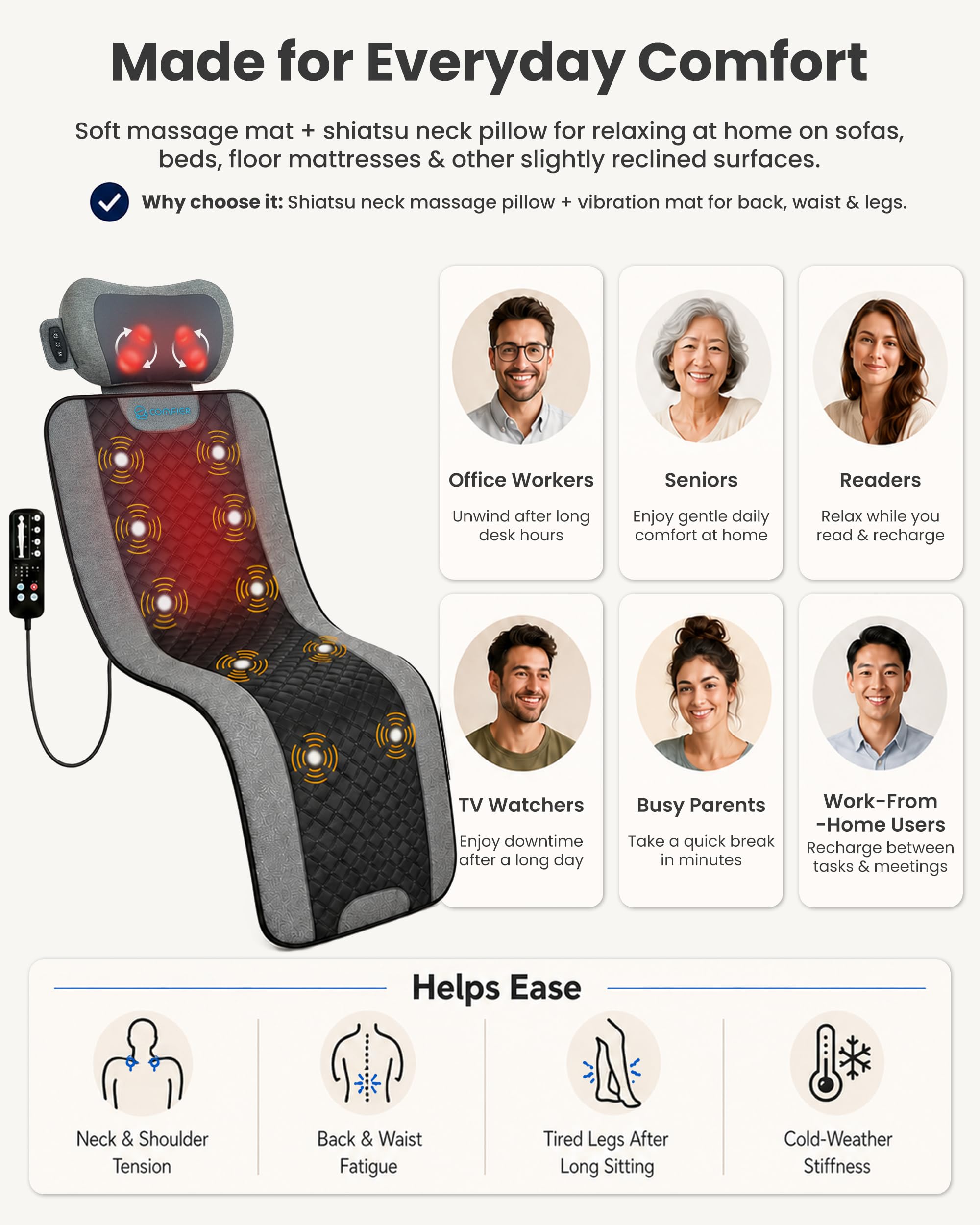 COMFIER Elektrische Massagematte mit Shiatsu-Nackenmassagegerät | 10 Motoren, 5 Programme & 2 Wärmestufen für Ganzkörpermassage, faltbar für Sofa, Büro und Zuhause, Geschenk | 10 Motoren, 5 Programme & 2 Wärmestufen für Ganzkörpermassage, faltbar für Sofa