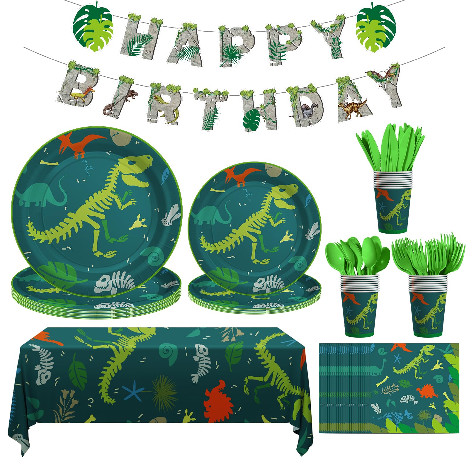 Cecnamt Dinosaur Birthday Decorations, 170 Pcs Dinosaur Party Supplies Including Banner, Plates, Cups, Napkins, Cutlery and Tablecloths, Serves 24