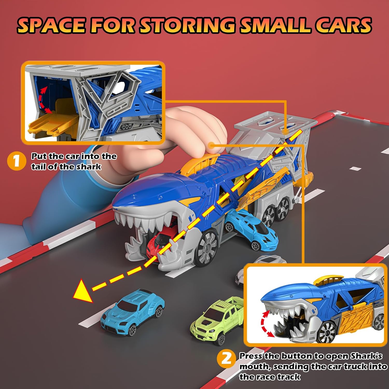 Shark Racing Car Playset with Carrier Truck, Loop Track & Launcher – 6 x 1:64 Scale Race Vehicles, STEM Toys for Kids 3-12, Quick Assemble, Durable ABS Plastic (ASTM Certified)