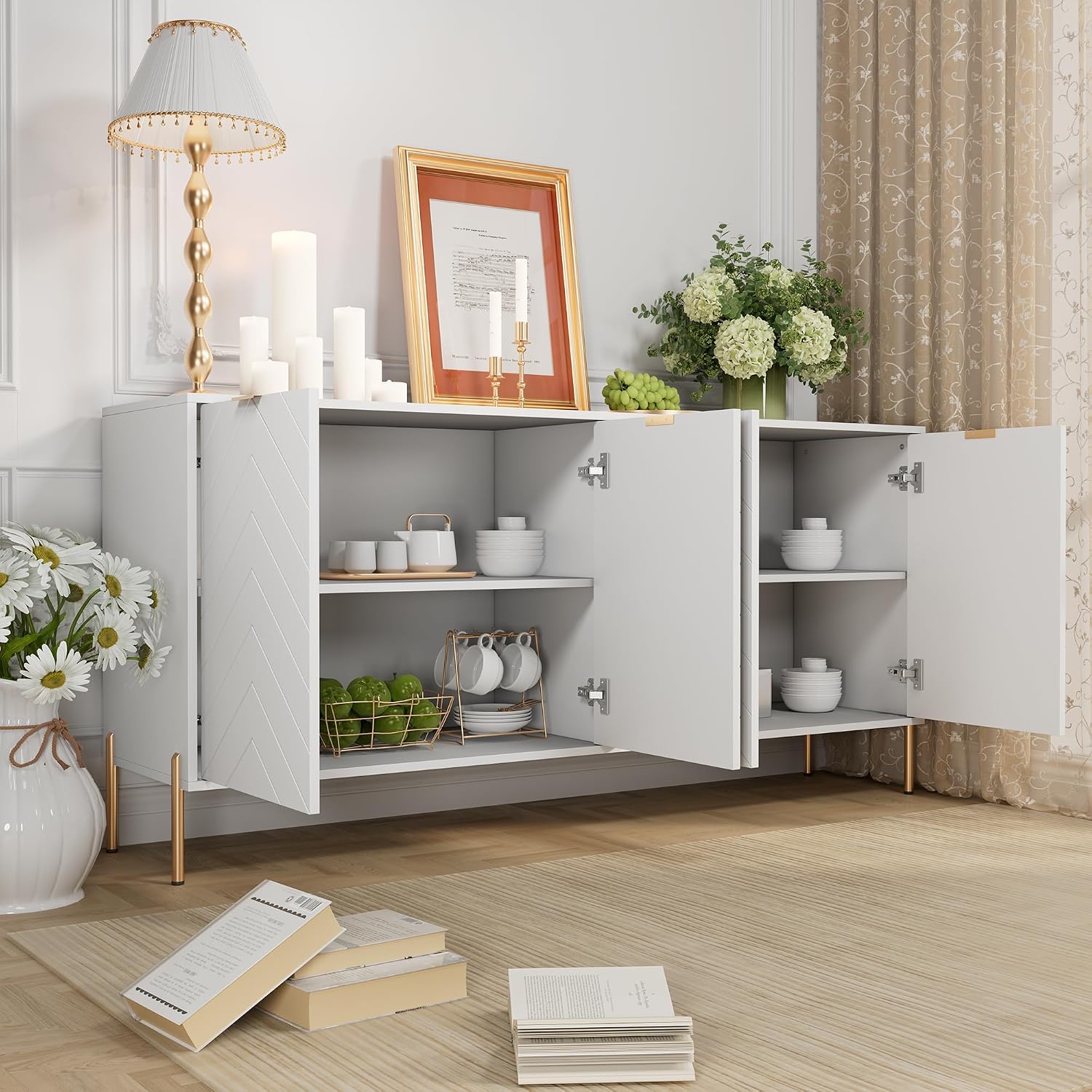 Clihome Storage Cabinet with 4 Doors，63 Inch Monden Accent Cabinet with Adjustable Shelf，Free-Standing Sideboard with Gold Legs for Hallway, Living Room, White
