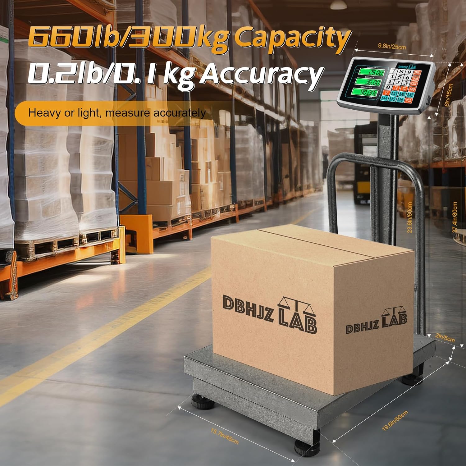 Computing Digital Platform Scale 660LB Foldable Floor Scale Dual-Sided LCD Display Postal Shipping Scale with KG/LB Conversion, AC/DC Power Supply for Weighing Boxes, Luggage, Packages