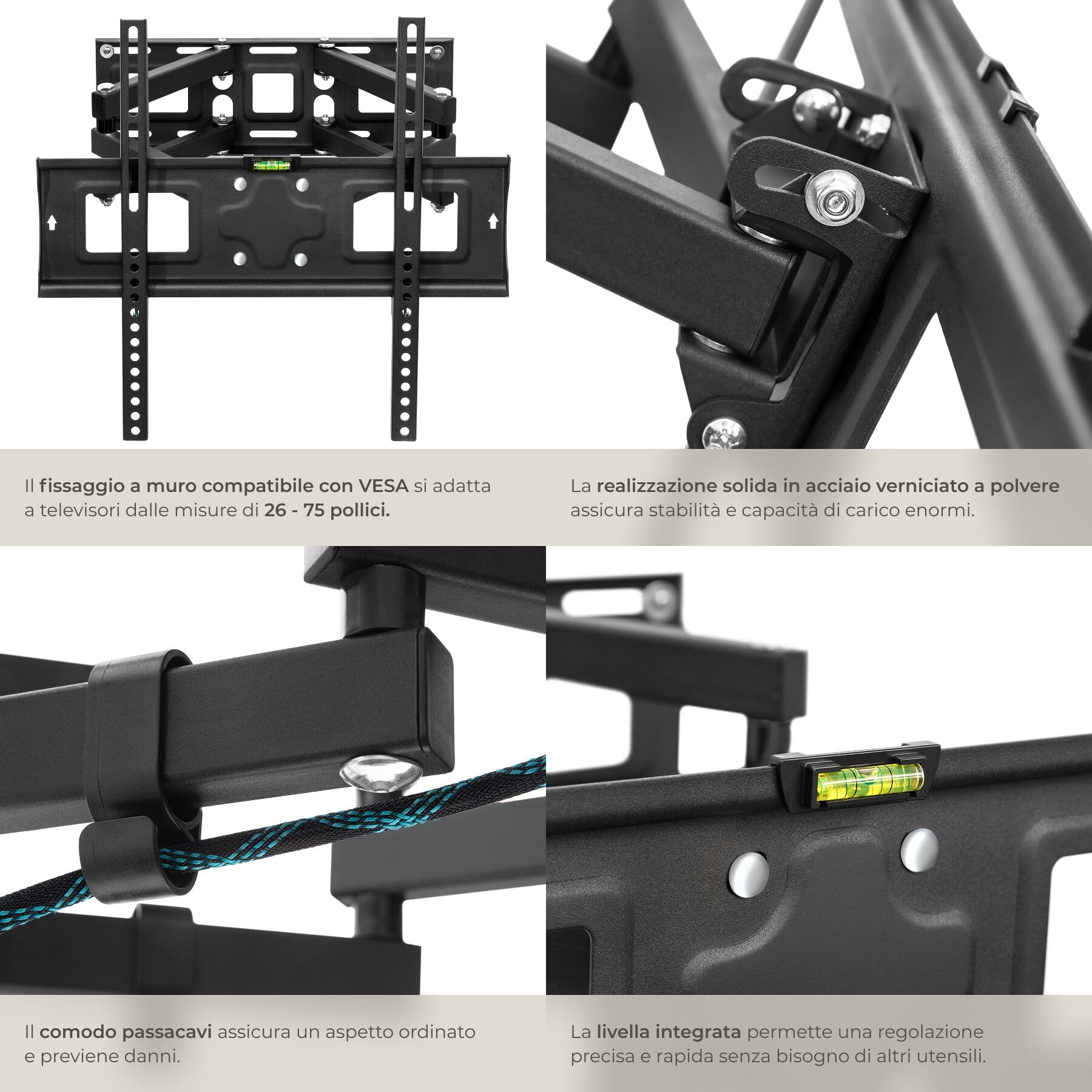 tectake® Supporto TV Parete Universale, Staffa Televisione Inclinabile e Girevole Adatto da 26"-75" pollici, braccio monitor per TV 40 pollici, Supporto Televisore VESA da 400x400, Carico Max 100kg