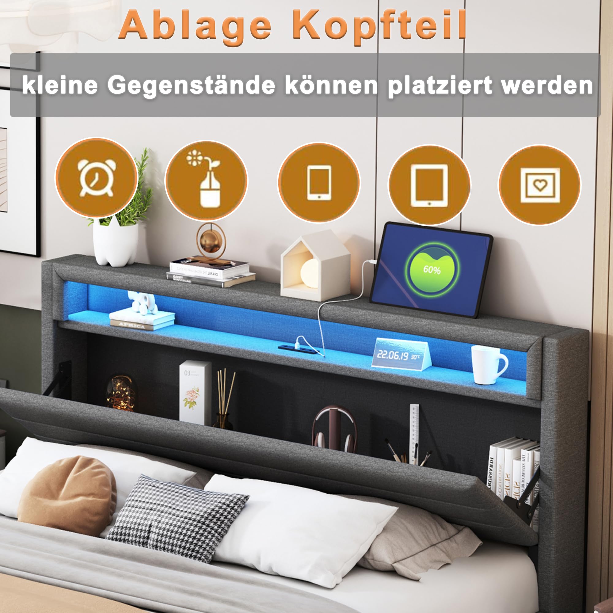 KEYIDE Letto imbottito 160x200 cm con illuminazione LED e ricarica USB, letto matrimoniale con spazio di archiviazione, testiera e rete a doghe, letto per ragazzi con cassetto, in lino, senza
