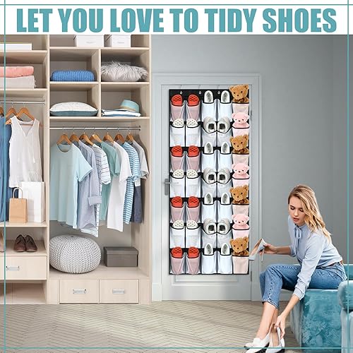 Miniatura 4 de 2 piezas de 70 bolsillos grandes de malla negra sobre la puerta, organizador de zapatos para colgar detrás de la puerta, soporte antideslizante para