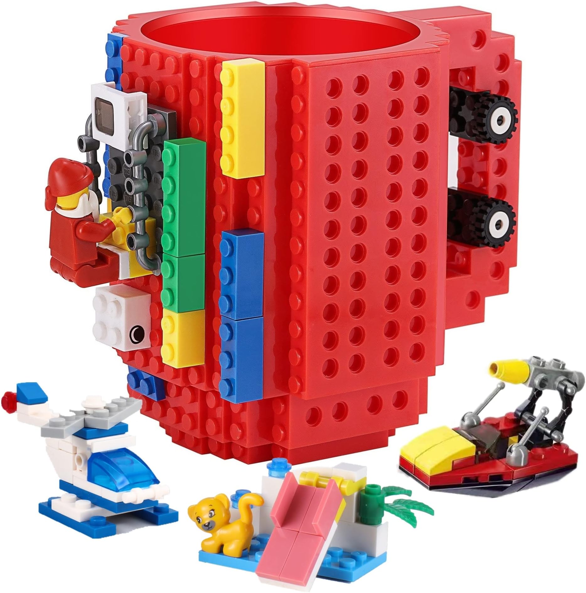 DEEXITO Build-on Brick Coffee Mugs,Creative DIY Cup with Building Blocks Randomly,Novelty Gifts for Kids Adults Birthday Xmas,Red