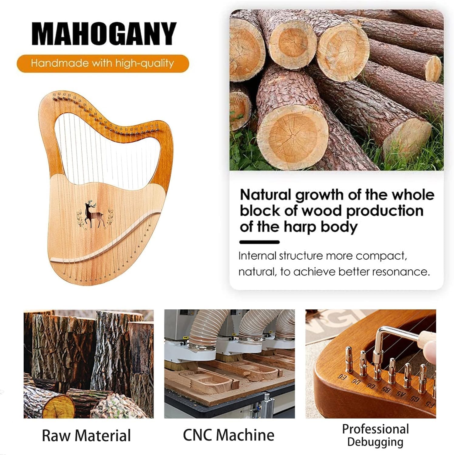 Generico Arpa in Moo, Accordata con Tasti in Carbonio per Pianoforte, Strumento A 24/27/32 Corde, Set Terapeutico per Insegnamento E Performance, Kit di Accessori per Principianti (32 Strings)