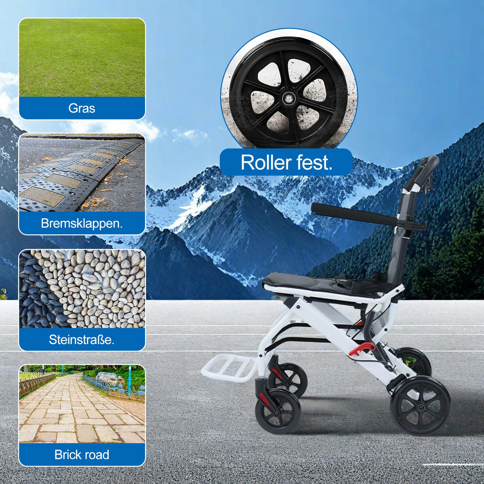 Fauteuil roulant pliant pour adultes, chaise de voyage portable légère avec conception ergonomique, sangle de sécurité réglable, cadre en aluminium et roues en PU pour une conduite en d