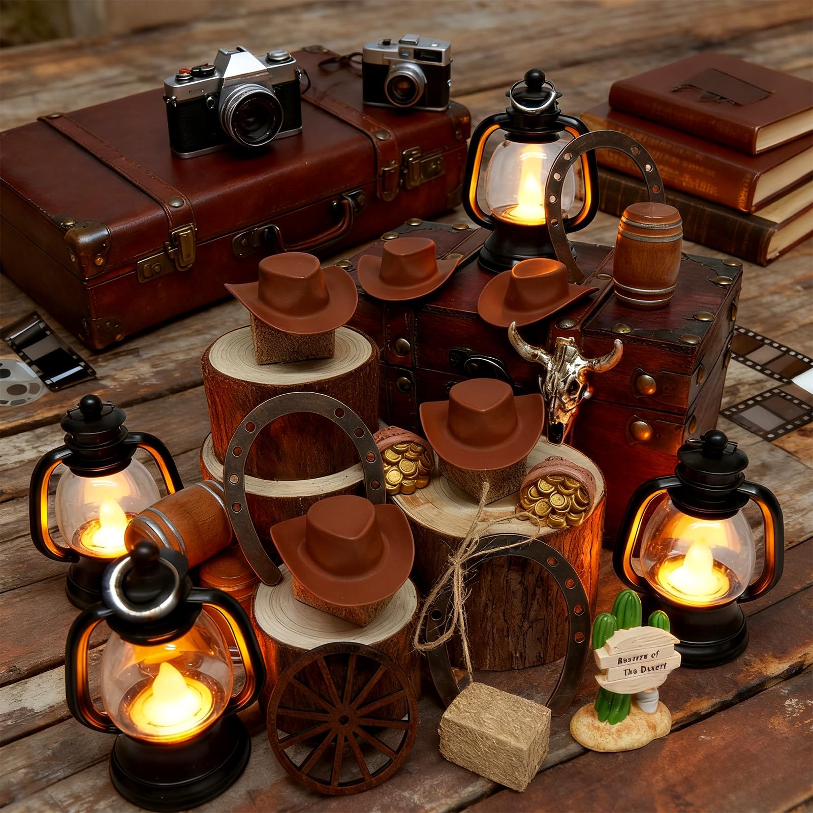 Exasinine Set di 60 decorazioni per feste a tema cowboy, mini cappello da cowboy, lanterna, ferro di cavallo, ruota di carro, balle di fieno, botti di vino, rustico, occidentale, decorazione per feste