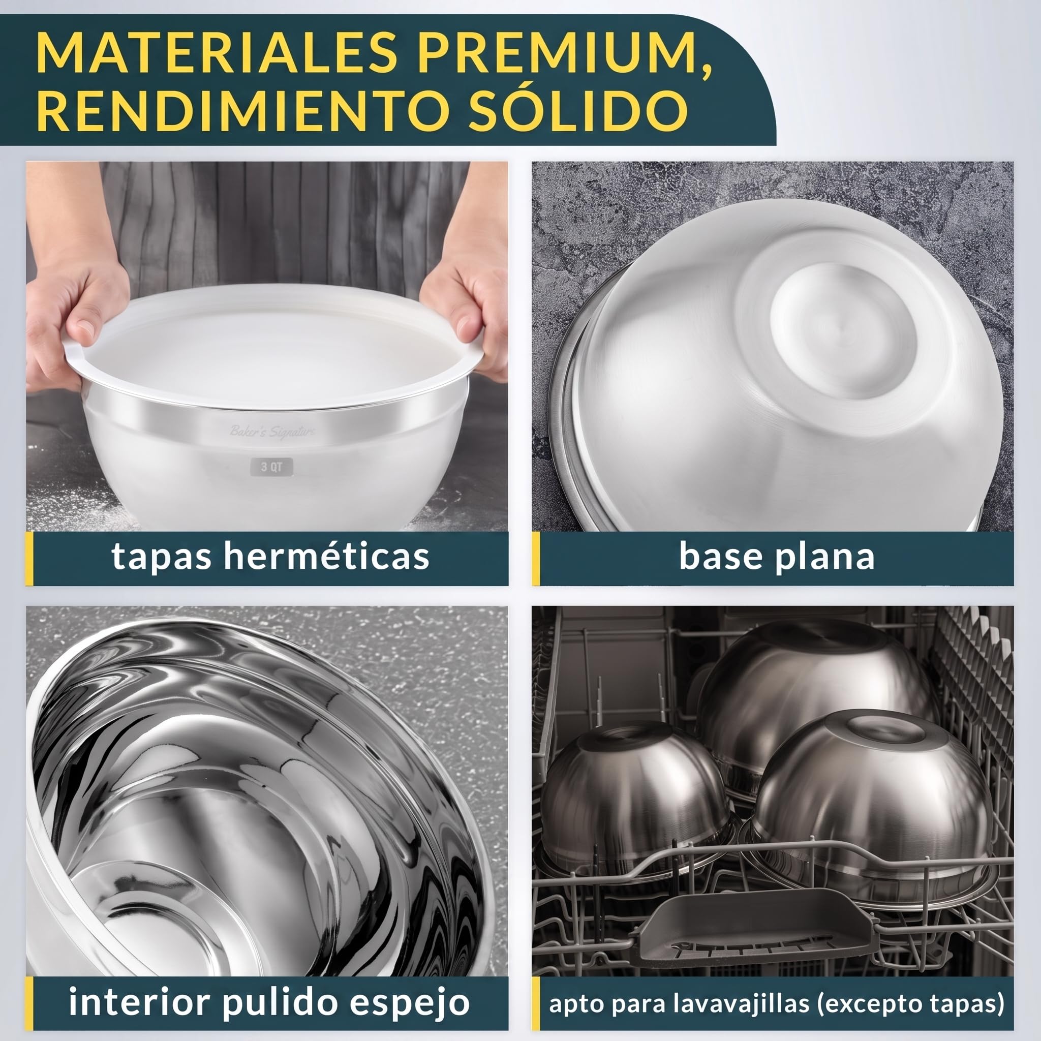 Baker's Signature Juego de 3 cuencos de acero inoxidable para mezclar con tapa, juego de 3 cuencos de metal para preparar alimentos, hornear, almacenar, cocinar, servir, apto para lavavajillas y