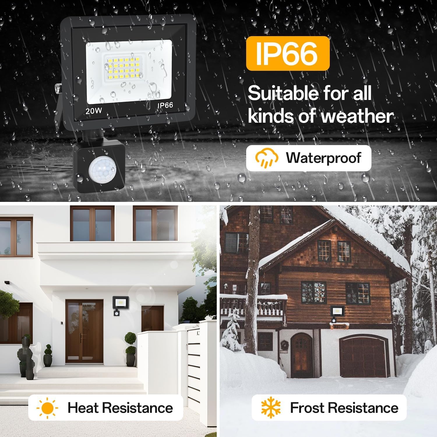 Luz de inundación con sensor de movimiento para exteriores, 20 W con cable de 5 pies, focos impermeables IP66 con fotocélula de 6000 K, luz de seguridad súper brillante para jardín, patio