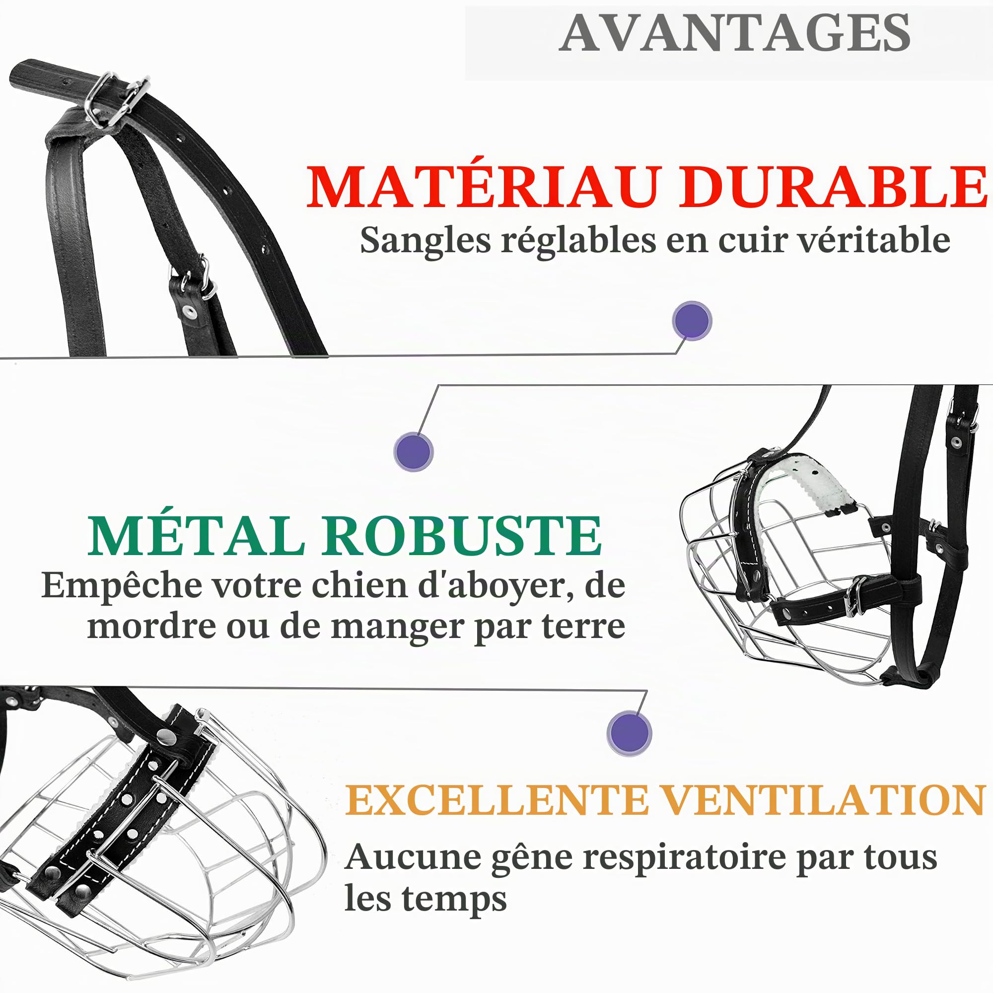 Muselière en métal pour Chien Rottweiler № 3 Fils Panier réglable en Cuir Sangles en Cuir réglable Circonférence 27-38,1 cm Longueur 2,7 x 3,4 cm