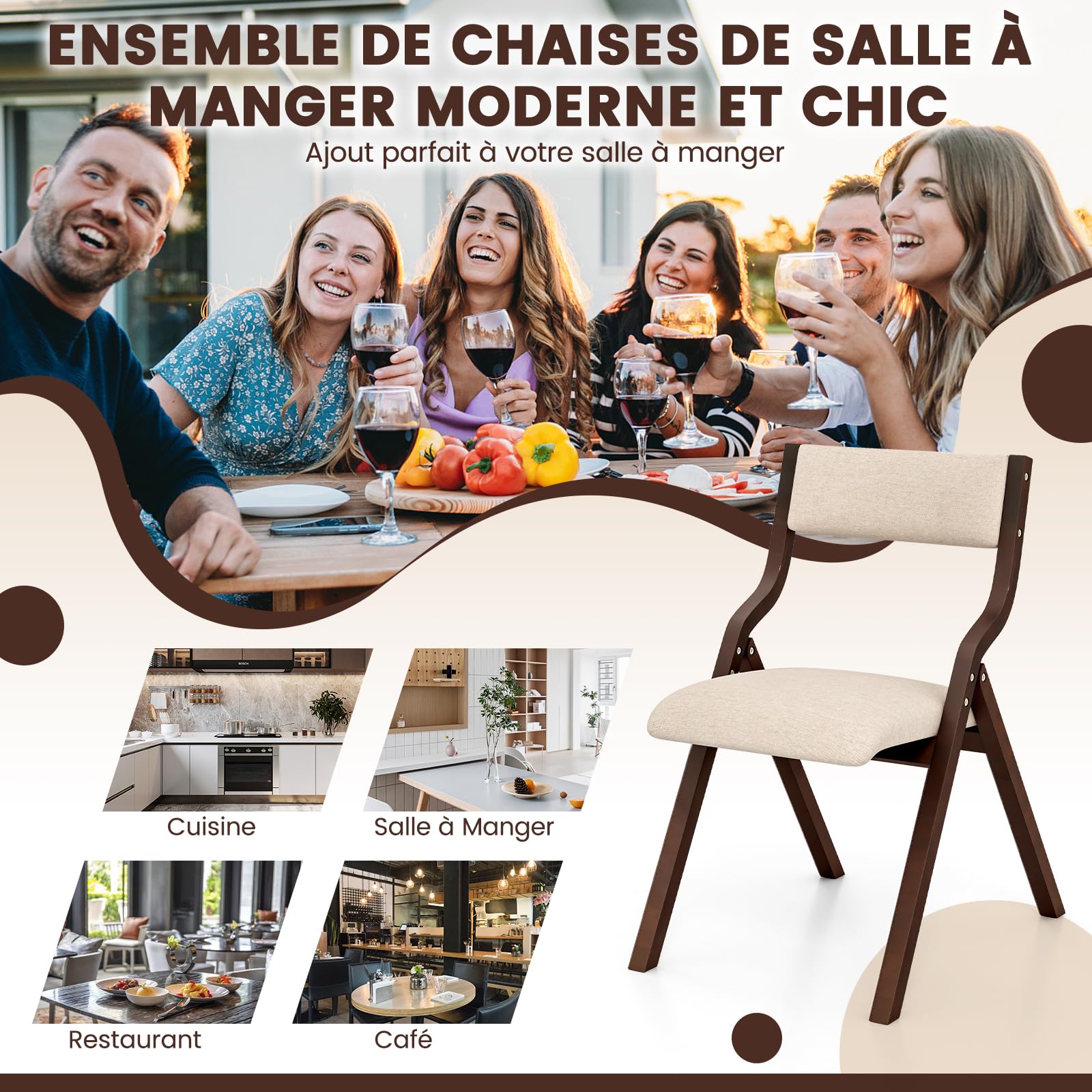 RELAX4LIFE Lot de 2 Chaise Pliante Bois, Chaise Pliable Salle a Manger avec Siège Rembourré, Cadre Courbé, Housse en Lin, Peu Encombrante, pour Cuisine, Salle à Manger, Bureau (Noyer,1)