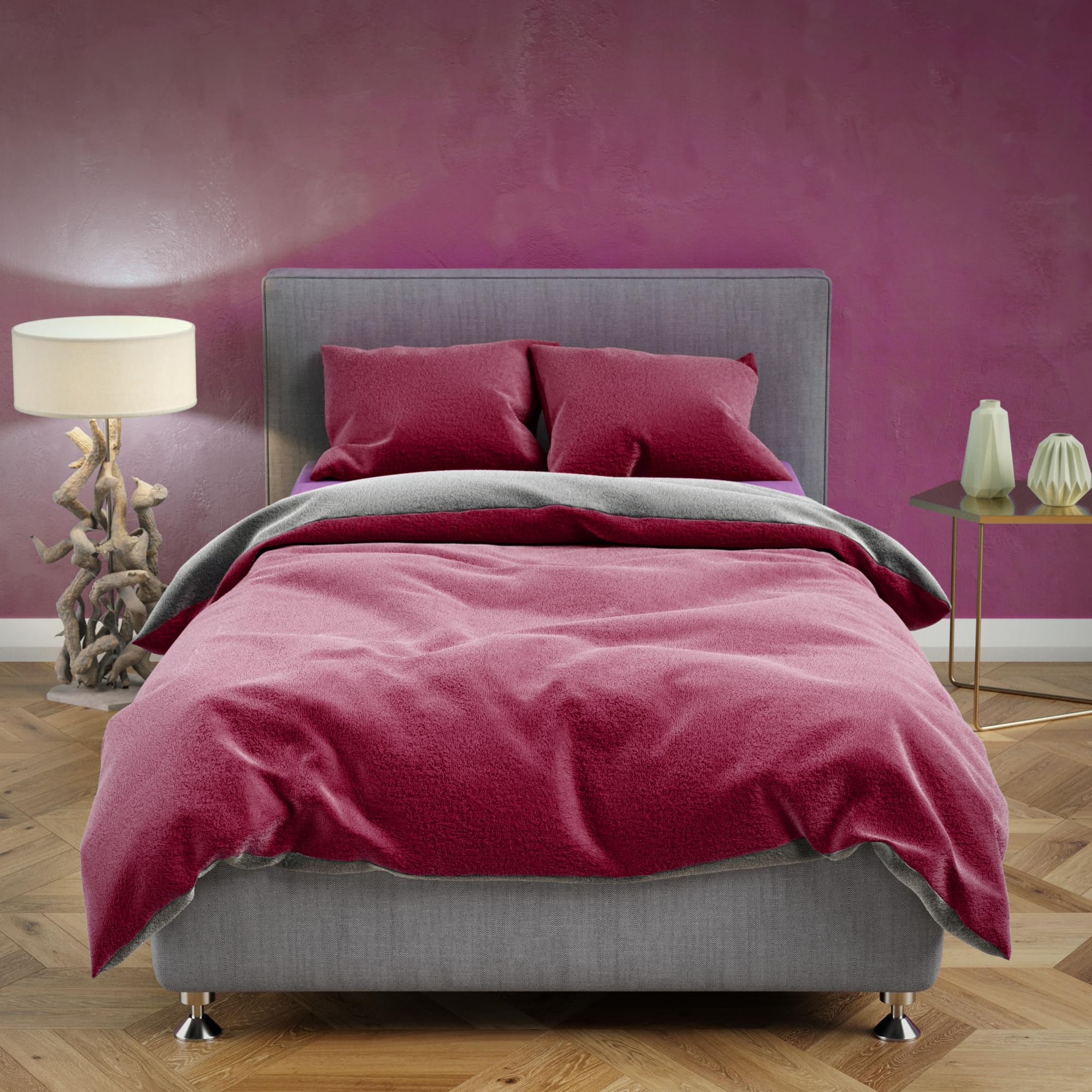 Leonado Vicenti Plüsch Teddy Bettwäsche Cashmere-Touch 4 teilig Garnitur Set Winter extrem warme Einfarbige Uni Garnitur kuschelig weich 135x200 cm