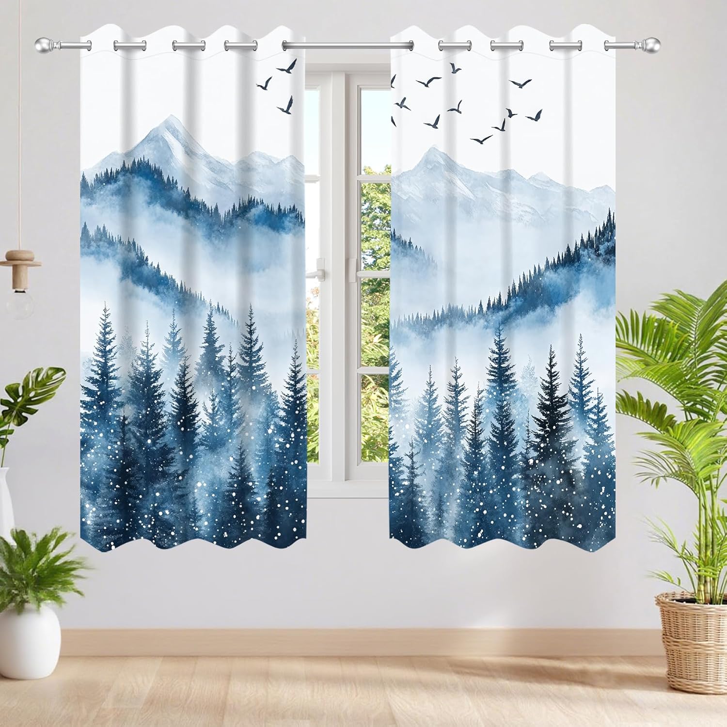 Winter Blue Forest Blackout Curtains for Bedroom, Snow Forest Mountain Nature Landscape Window Curtains 2 Panel Sets Christmas Decorations Drapes for Living Room Home Decor, 42W X 63L inches