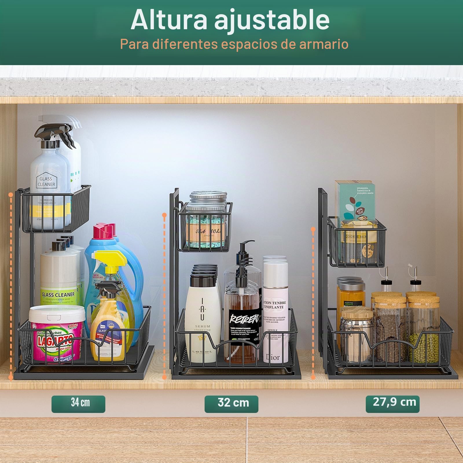 Organizador de almacenamiento para fregadero, cesta deslizante extraíble de 2 niveles, estante de cajón metálico, estantes organizadores multiusos