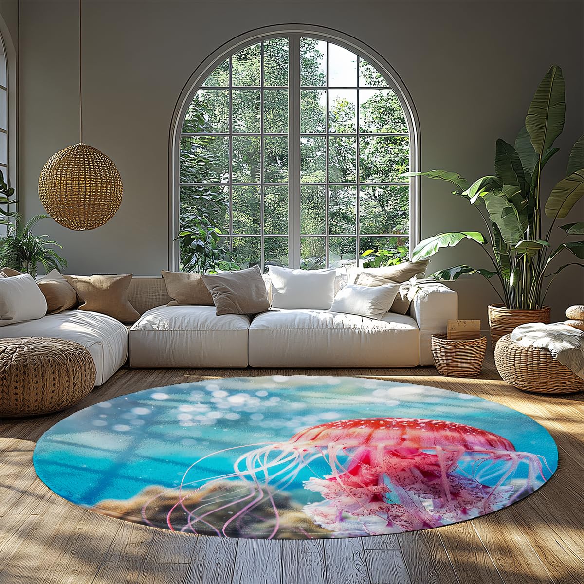200 cm (okrągłe) okrągłe dywaniki do salonu dywan meduza w niebieskim oceanie zmywalne dywany różowe życie morskie duże miękkie boho antypoślizgowe dywany podłogowe do jadalni