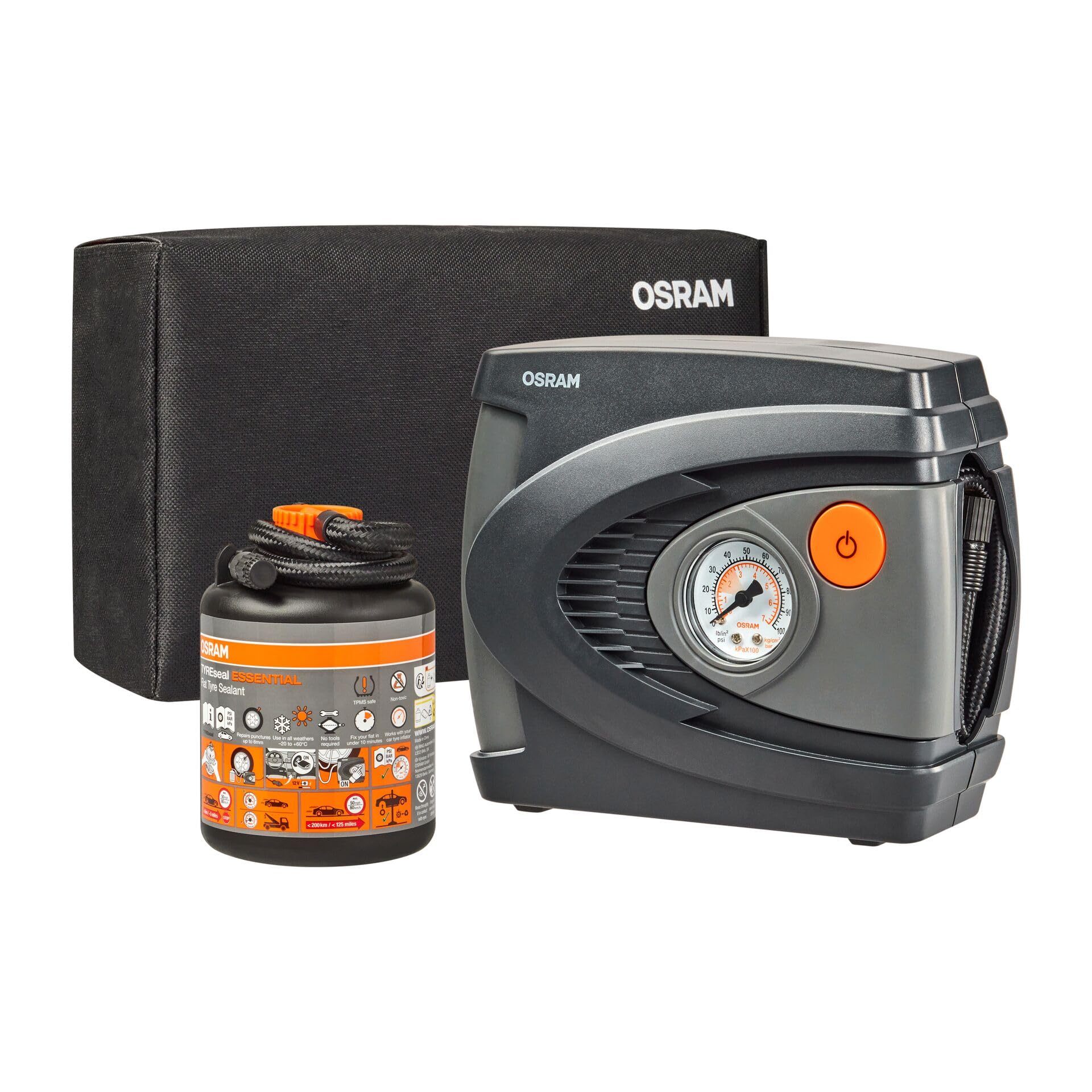 Osram TYREseal KIT Essential, Produit d'étanchéité pour Pneu 450 ML et gonfleur de Pneu analogique Haut de Gamme, TPMS Safe, étui de Rangement Inclus, Orange