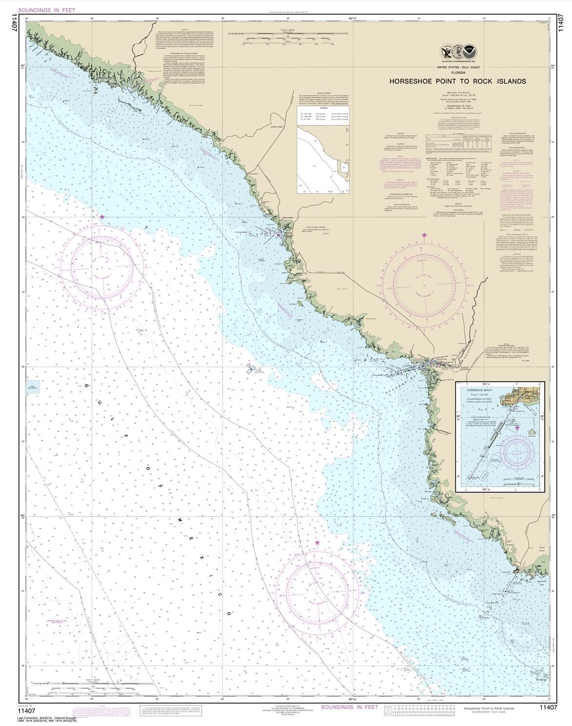 Paradise Cay Publications, Inc. NOAA Chart 11407: Horseshoe Point to Rock Islands; Horseshoe Beach, 34.8 X 44.1, Traditional Paper