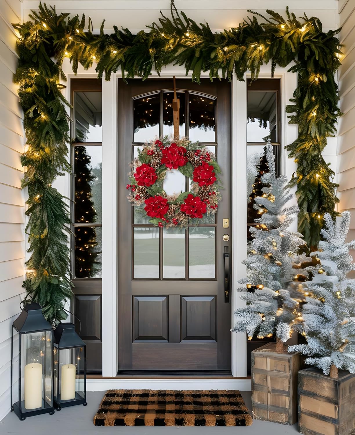 24" Christmas Wreath for Front Door Artificial Hydrangea Flowers Christmas Wreaths with Red Berries Pine Cones Norfolk Pine Cedar Decor for Winter Home Porch Wall Window Indoor Outdoor Xmas Decoration - Image 7