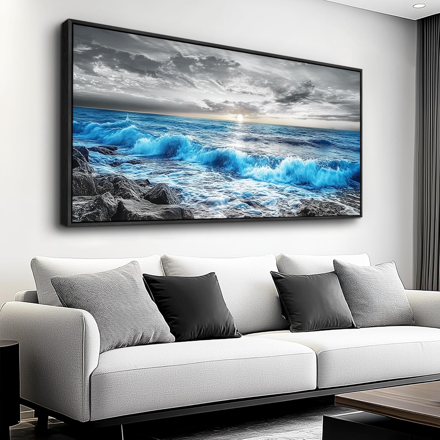 FUHAIHUA Black Framed Canvas Wall Art For Living Room Large Wall Decor For Office Bedroom Decorations Ocean Wave Landscape Picture Modern Painting Artwork Room Mural Aesthetic Home Decor 30x60 In
