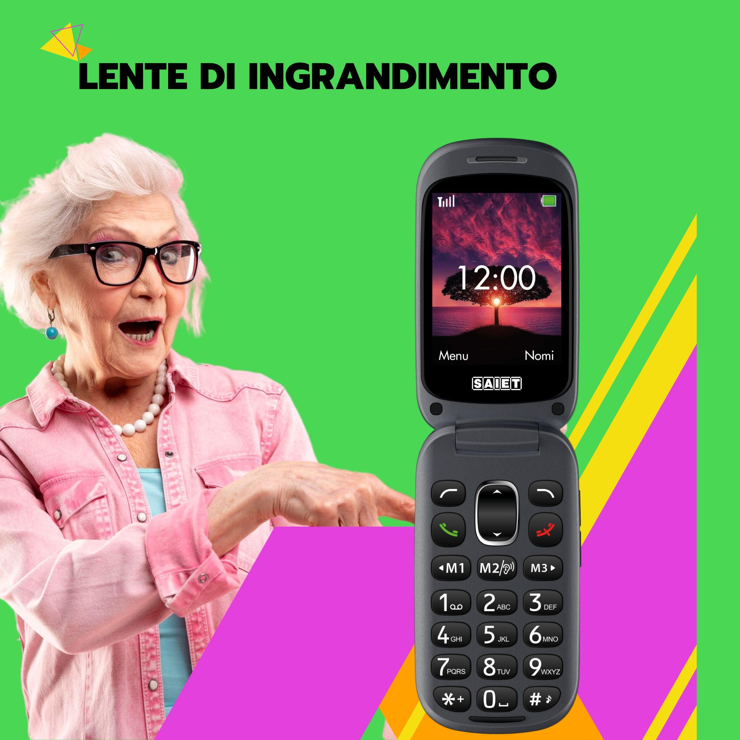 SAIET - Cellulare per Senior Facile da Usare FOCUS - Telefono per Anziani Tasti e Caratteri Grandi - Cellulare Anziani con Audio Amplificato - Nero