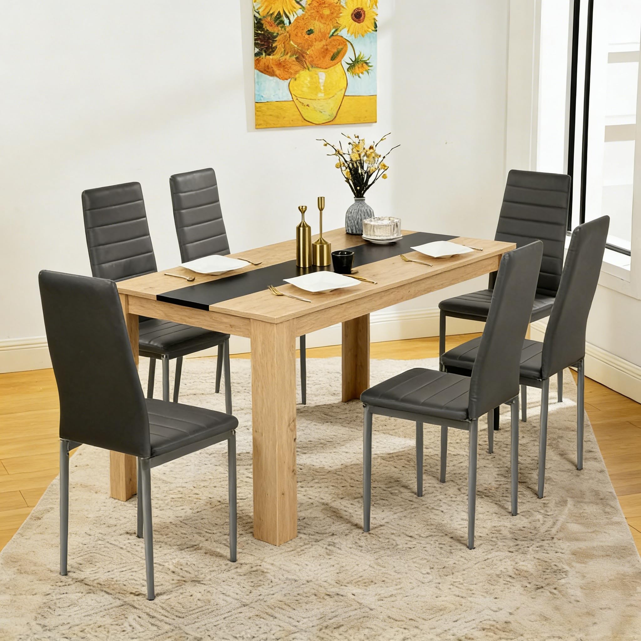 Set Tavolo e Sedie da Pranzo, 1 Tavolo e 6 Sedie, Tavolo Rettangolare: 140x70x75cm, Sedie: 40x39x98cm, adatto Sala da Pranzo, Cucina e Soggiorno