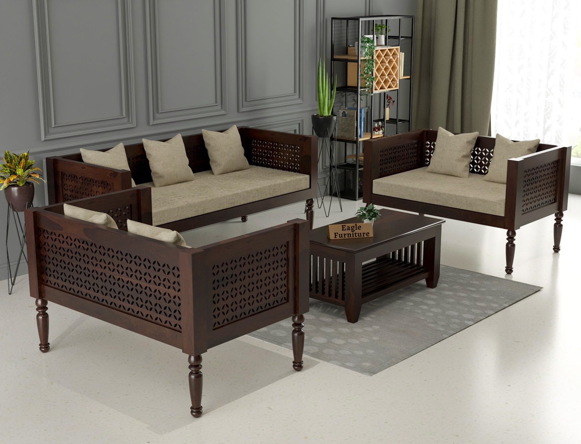 eagle furniture sheesham wooden sofa for living room | rosewood cushion sofa | solid wood sofa set without small pillow for lounge (walnut, 7 seater)