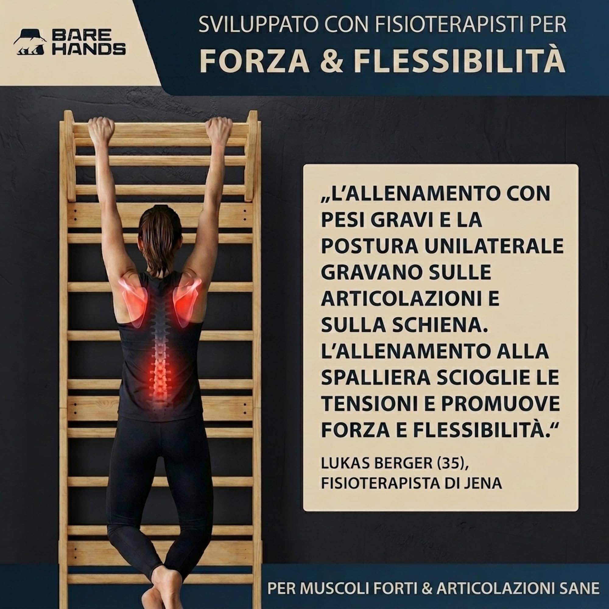 Bare Hands Spalliera Svedese in Legno per Adulti e Bambini – Parete da Ginnastica e Arrampicata Fino a 200 kg – Estremamente Robusta – Disponibile con o Senza Barra per Trazioni e Dip