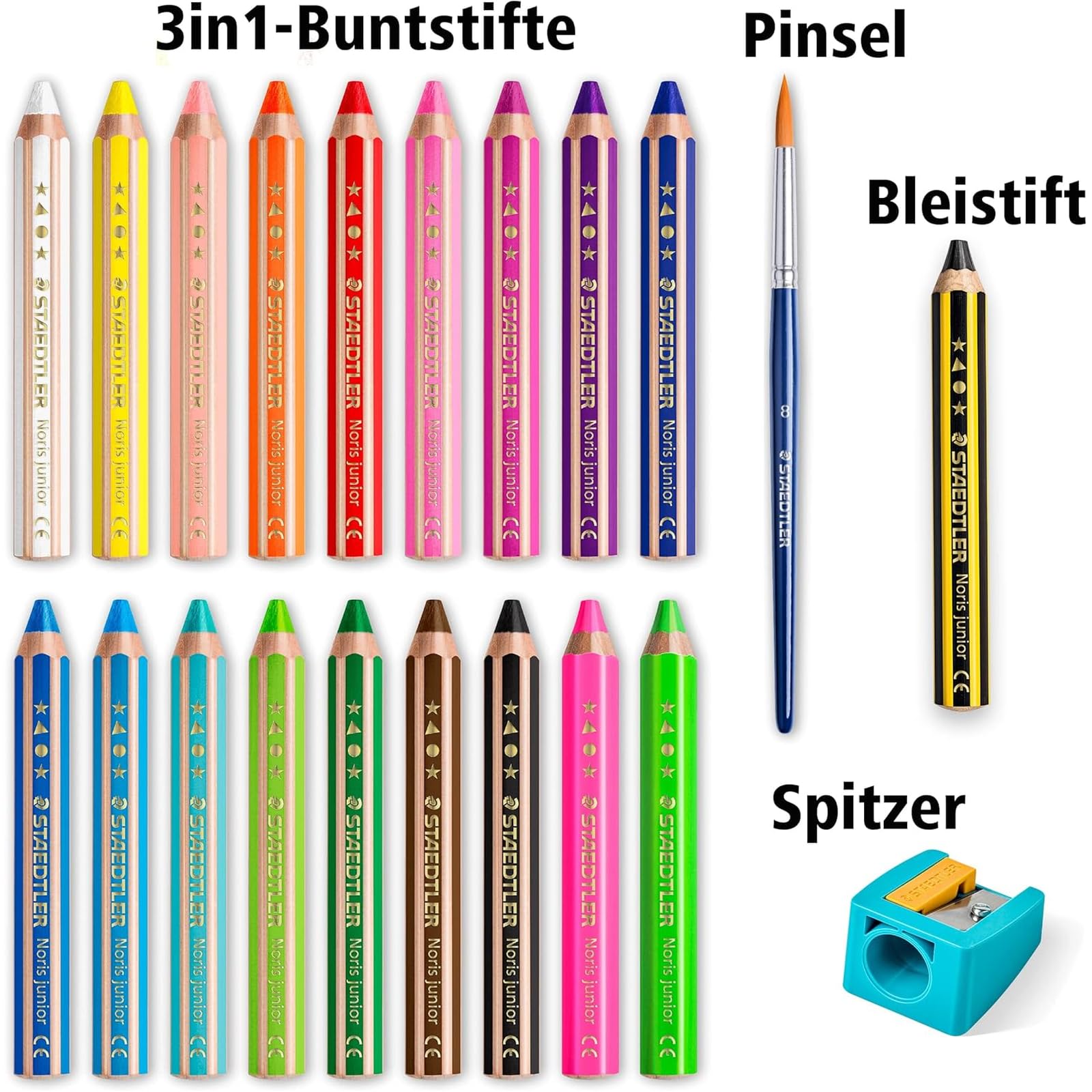 Staedtler Matita 3 in 1 per bambini Noris junior, pastello a cera e acquerello, mina molto spessa, extra infrangibile, ideale per bambini, 18 colori, temperamatite e matita, 140 C18P1X