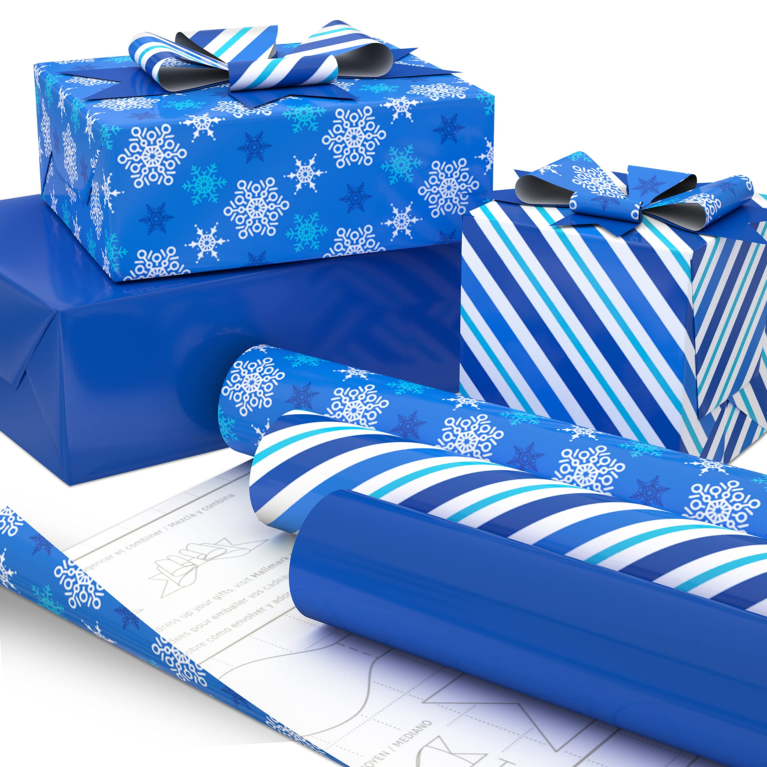 Hallmark Holiday Wrapping Paper with Optional DIY Bow Templates on Reverse (3 Rolls: 120 sq. ft. ttl) Blue & White Snowflakes, Stripes, Solid Blue for Christmas, Hanukkah, Weddings, Birthdays,Tri-Pack