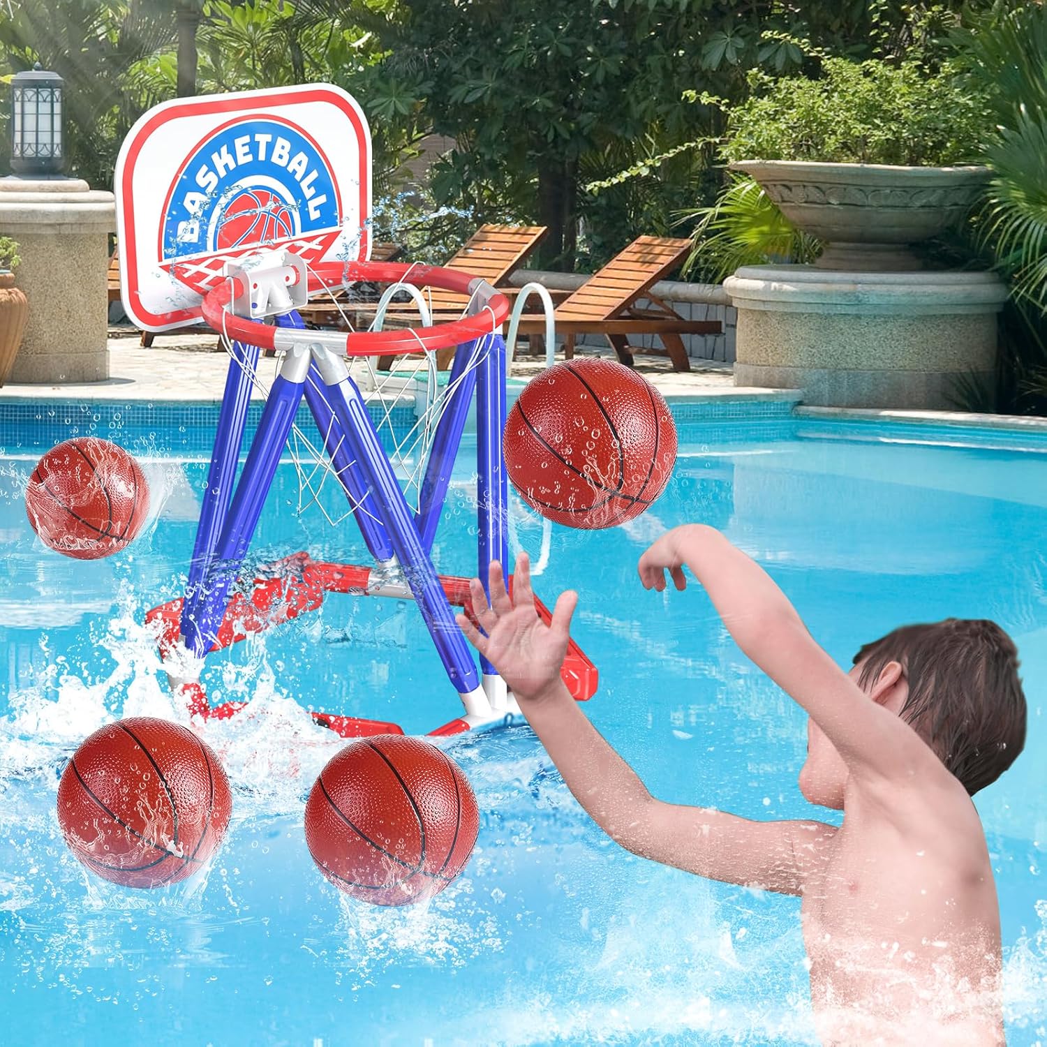 Swimming Basketball Hoop for Pool - Above Ground Floating Hoops with Backboard and 4 Balls,Summer Water Outdoor Indoor Games Set for Kids,Cool Family Play Fun Gifts Toy for Boys Girls Adults (Blue) Blue-With Backboard