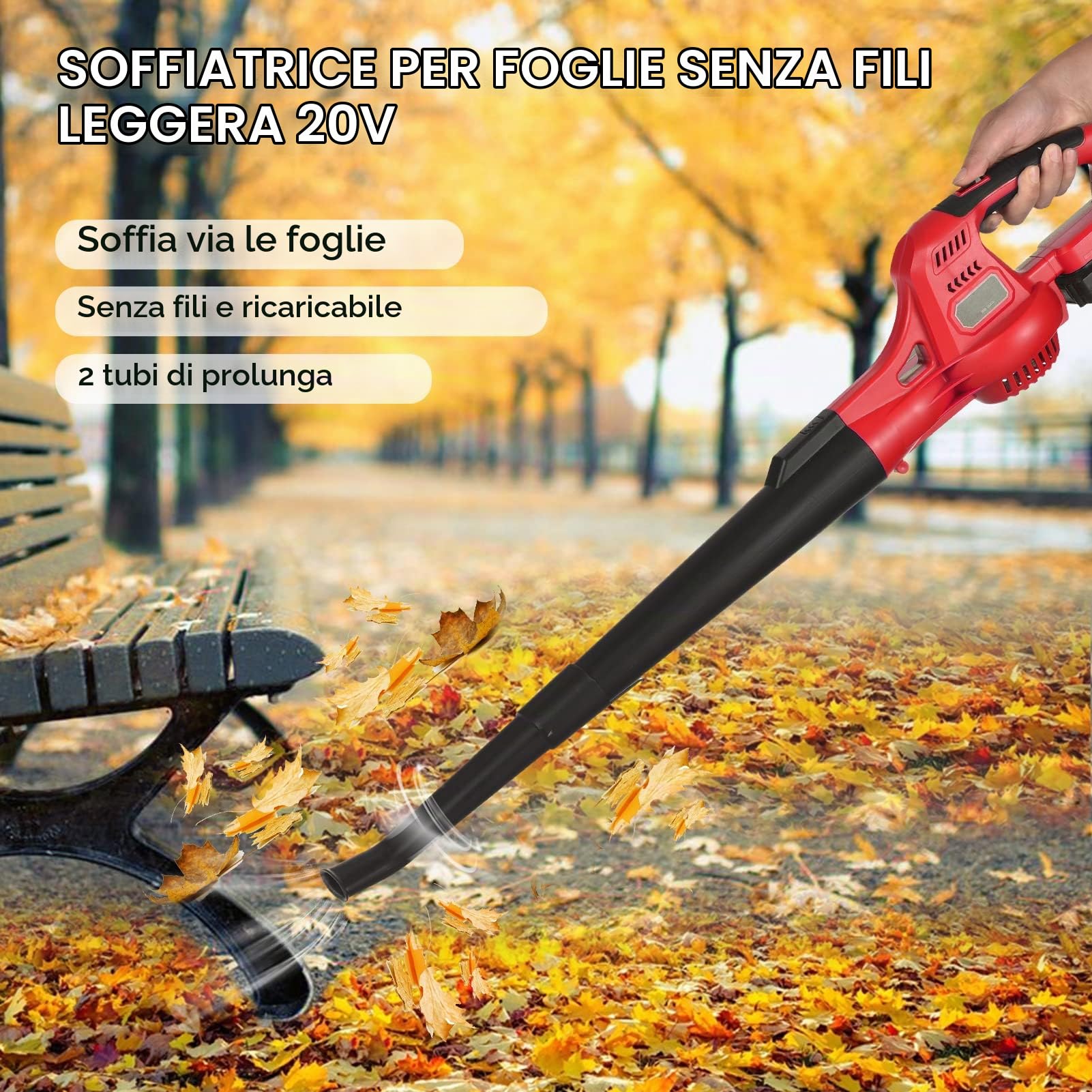 Soffiatore per foglie da 20 V, con 2 tubi di prolunga rimovibili e batteria da 2,0 Ah