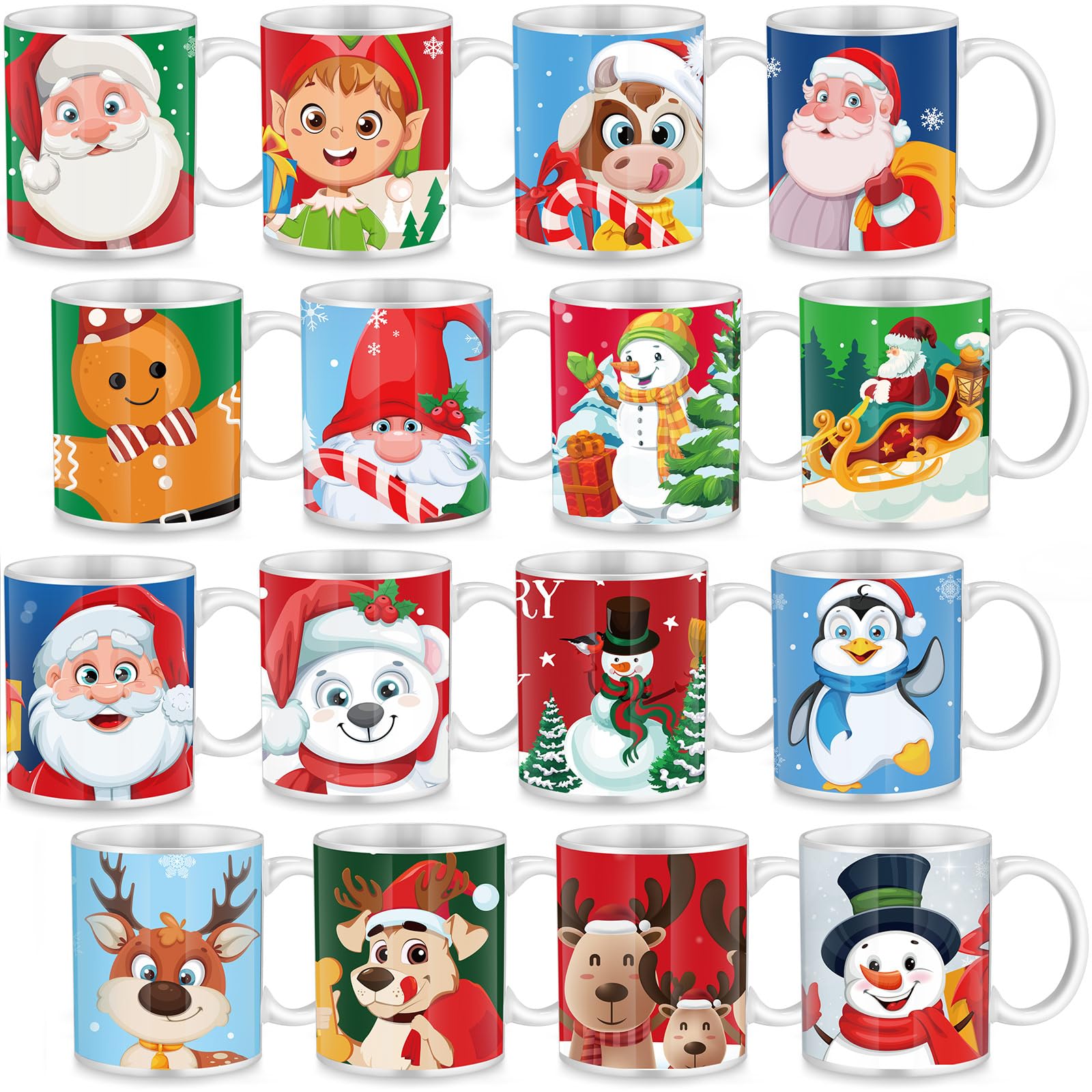 Tioncy 16 Weihnachtstassen, 325 ml, Weihnachts-Kaffeetassen, Keramik, Tee- und Kaffeetassen mit Weihnachtsmotiv, Weihnachtsmann, Weihnachtsbaum, Schneemann, als Geschenk, Urlaub, Küche, Dekoration, 16