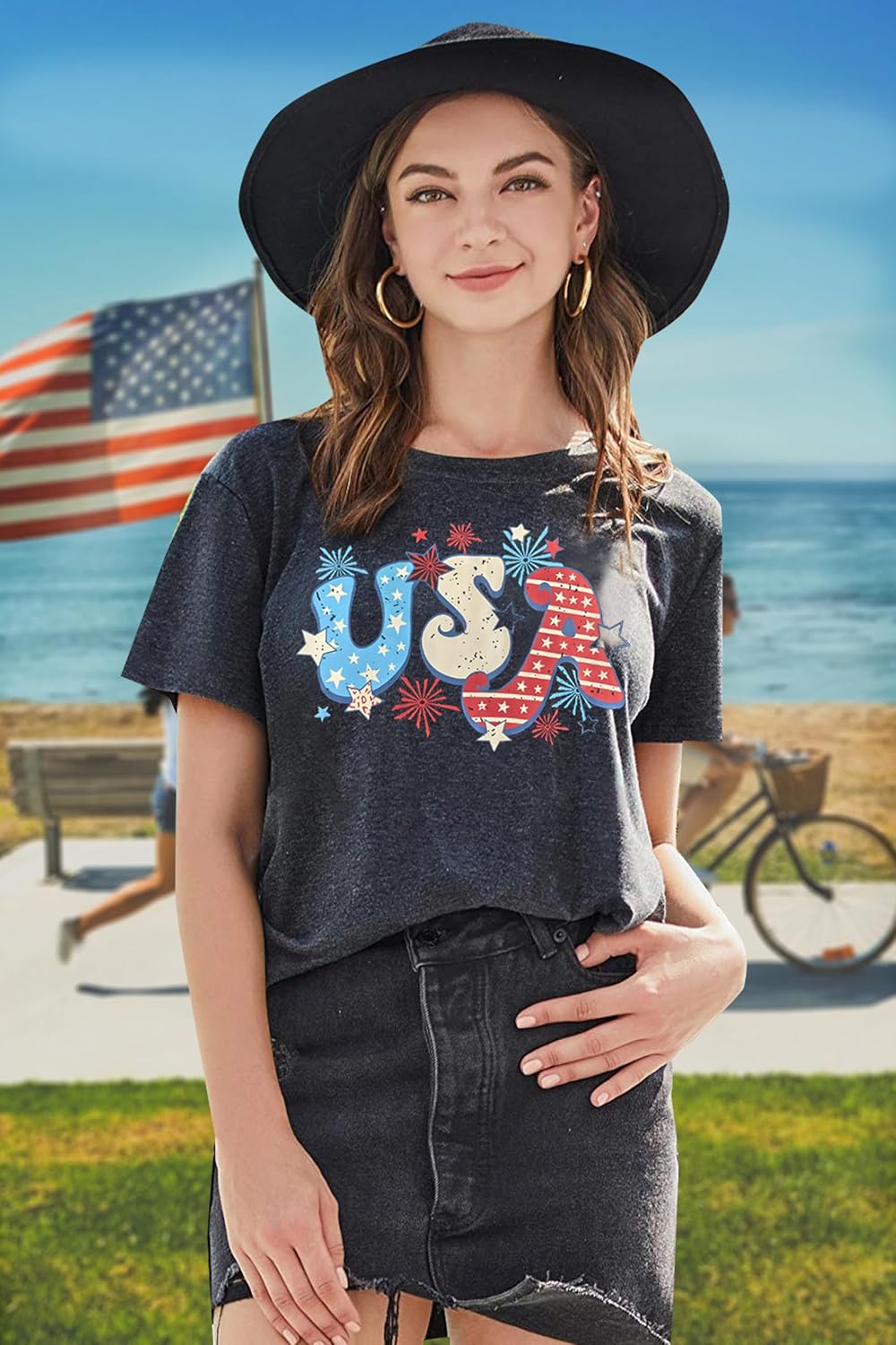 American Flag USA Shirts Women USA Patriotic T-Shirt 4th of July Casual Short Sleeve Tee Tops - Image 2