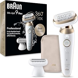Braun Silk-épil 9 Flex Epilator, 360 Flex and Pivoting Head, Wet and Dry, Includes Shaver Head, Trimmer Comb, SES9-041 3D, Tinted Gold