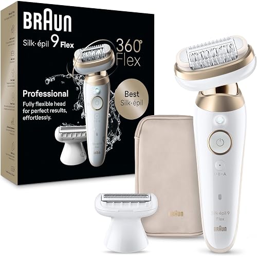 Braun Silk-épil 9 Flex Epilator, 360 Flex and Pivoting Head, Wet and Dry, Includes Shaver Head, Trimmer Comb, SES9-041 3D, Tinted Gold