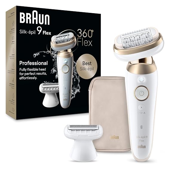 Braun Silk-epil 9 Flex Epilator, 360 Flex and Pivoting Head, Wet and Dry, Includes Shaver Head, Trimmer Comb, SES9-041 3D, Tinted Gold