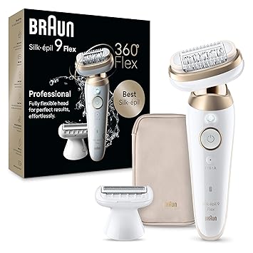Braun Silk-epil 9 Flex Epilator, 360 Flex and Pivoting Head, Wet and Dry, Includes Shaver Head, Trimmer Comb, SES9-041 3D, Tinted Gold
