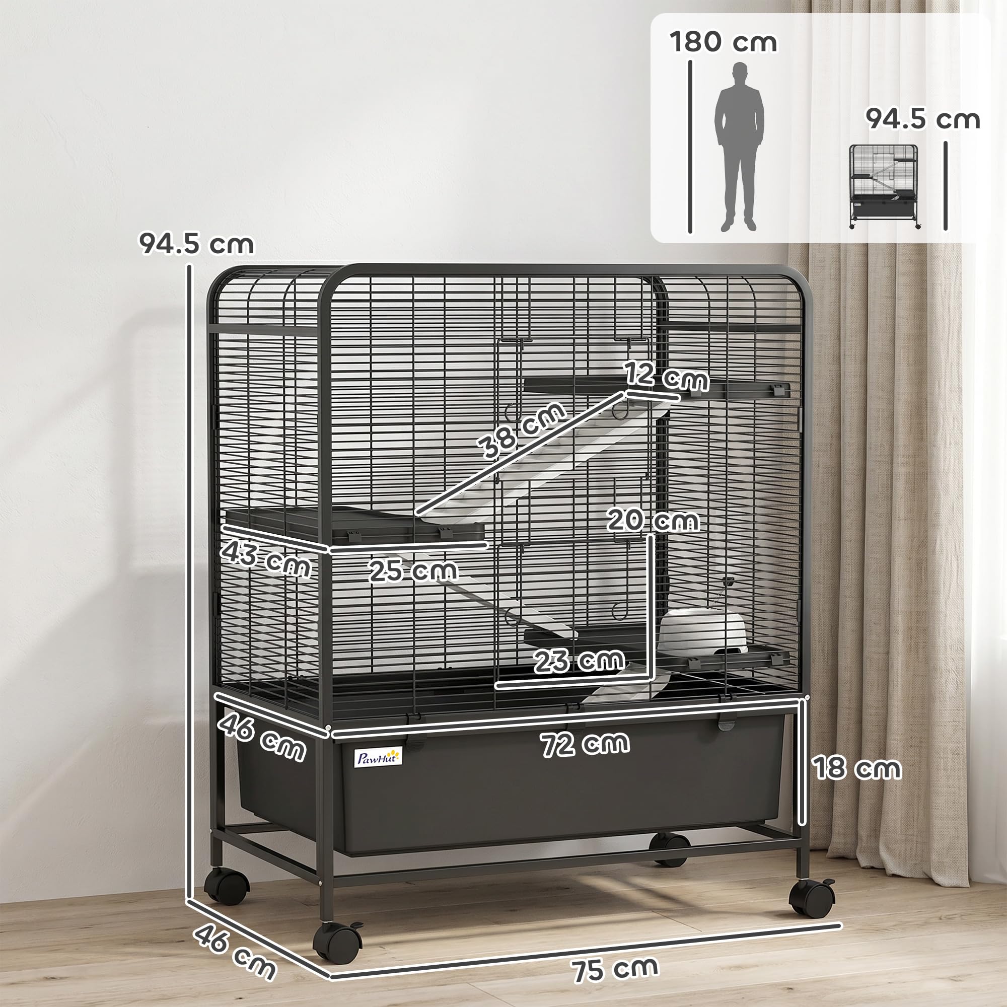 PawHut Gabbia per Conigli in Acciaio a 4 Livelli con Piattaforme, Rampe, Ruote, Serbatoio Acqua, Ciotola e Vassoio Rimovibile, Gabbietta per Criceti, Porcellini d'India, Furetti, 75x46x94.5 cm, Nero