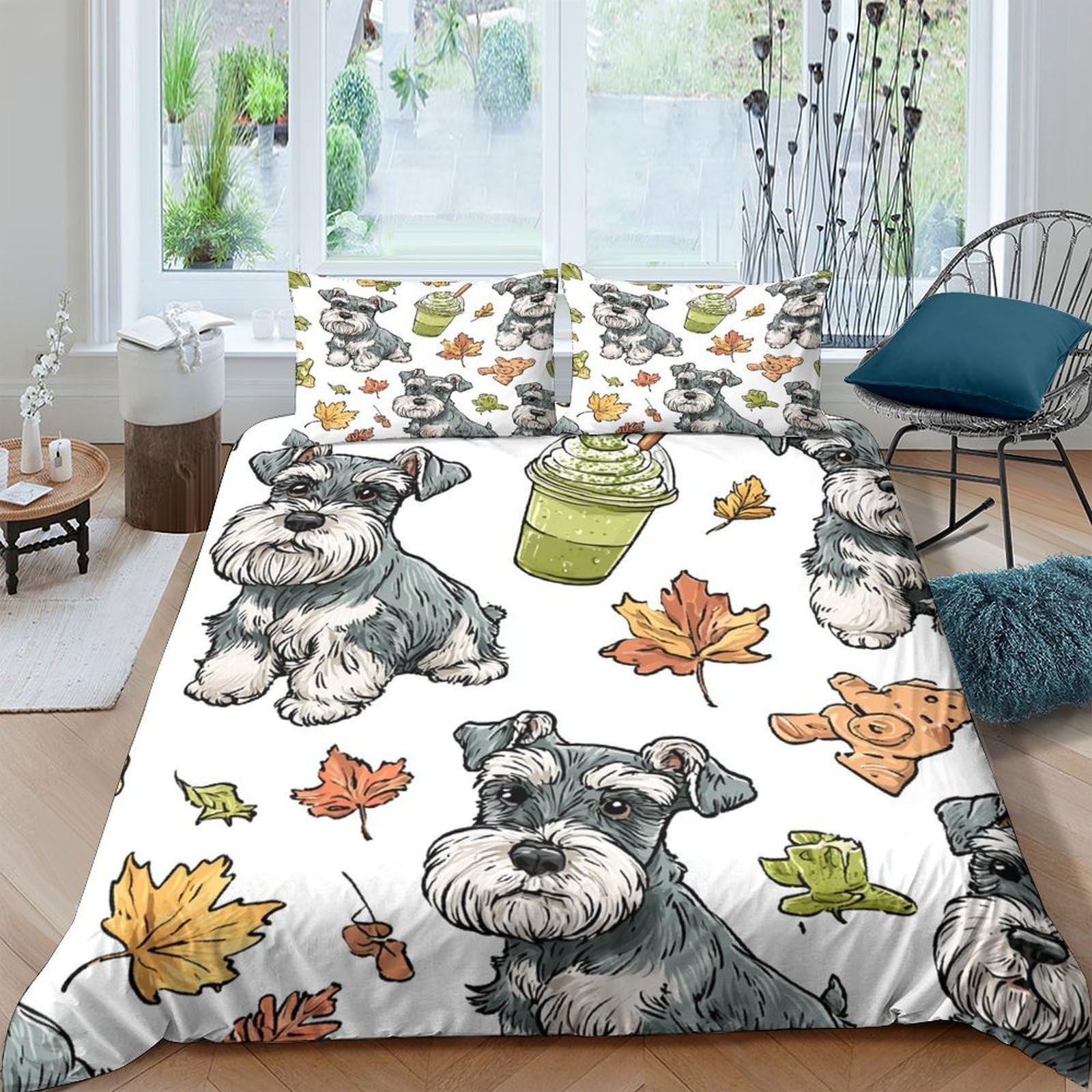 Ctjqhvkz Style-5 3D Printed Schnauzer Dog Fitted Sheet Microfiber Autumn Leaves Bed Cover Soft Washable For Bedroom Guest Room Decor Single（135X200cm）