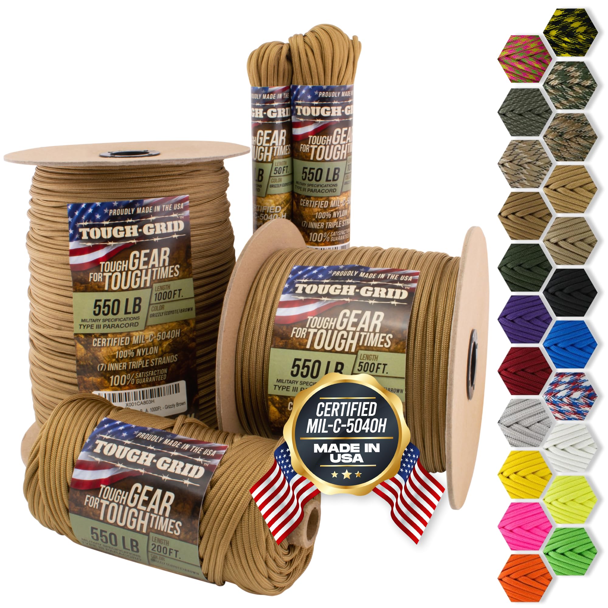 TOUGH-GRID 550 Paracord Rope Nylon Parachute Cord, Made in USA Survival Kit, Outdoor Adventures, Camping, Tactical Gear & Emergency Supplies, Military